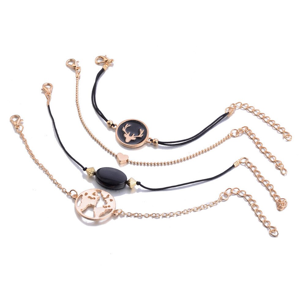 Conjunto de 4 pulseras esmaltadas con cabeza de ciervo para mujer, set de PULSERAS CON ABALORIOS de cabeza de ciervo, cadena de cadena con mapa de piedra negra, de joyería