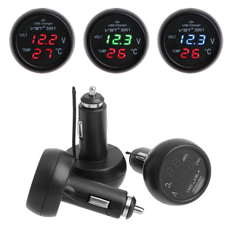 Universele 3in1 Auto 12 v Digitale LED Voltmeter Gauge + Thermometer + USB Oplader 2.1A