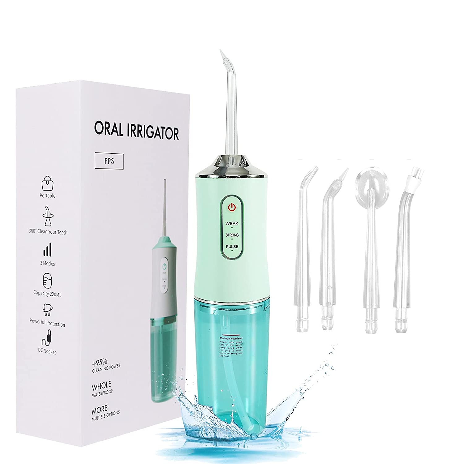 Oral Irrigator USB Rechargeable Water Flosser Portable Dental Water Jet 230ML Water Tank Waterproof Teeth Cleaner: Green with 4 tips