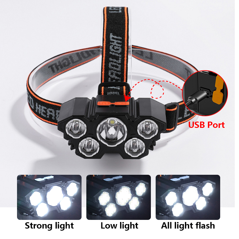 5 LED taschenlampe wiederauf ladbar mit eingebautem 18650 batterie Stark licht Camping abenteuer angeln kopf licht scheinwerfer