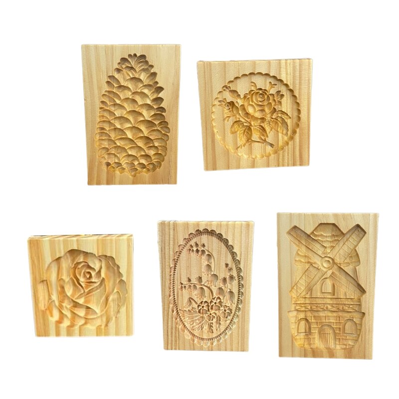 H7EA Exquisite Vivid Pattern Cookie Mold Pine Cones Flowers Windmill Shape Durable Wooden Cookie Biscuit Press Stamp Molds