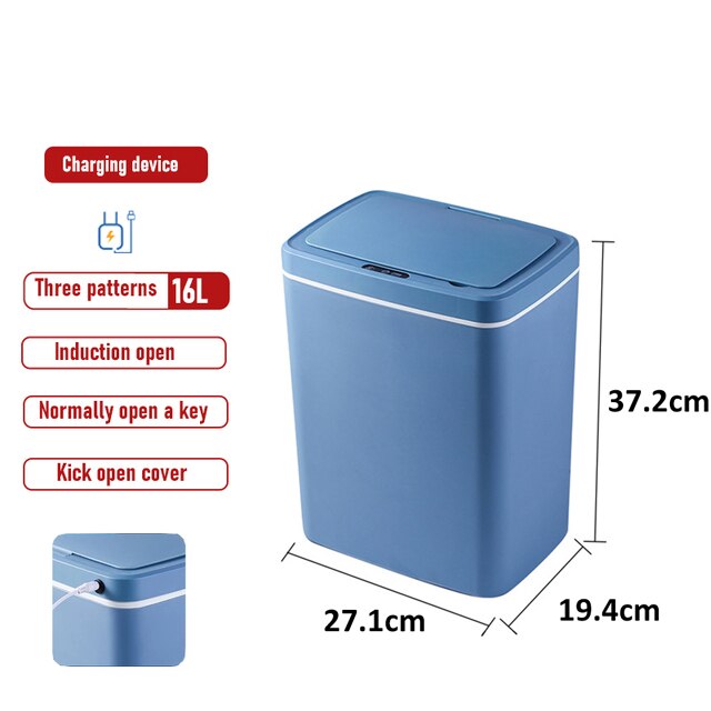 16L Intelligent Trash Can Automatic Sensor Dustbin Sensor Electric Waste Bin Home Rubbish Can For Bedroom Kitchen Bathroom Garba: USB charge blue