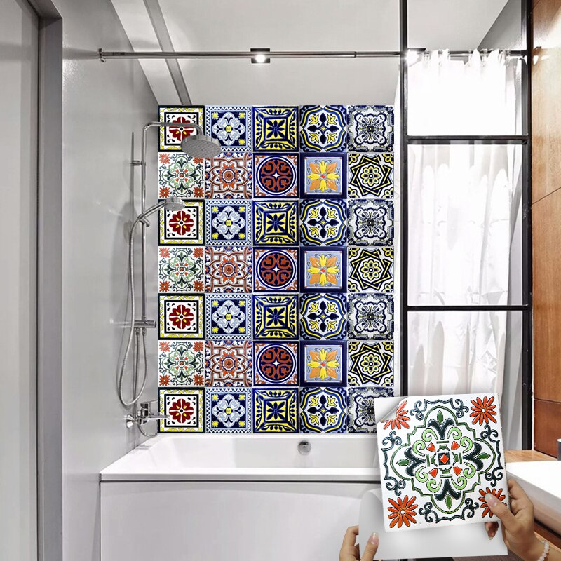 10pcs Colorful Retro Tiles Sticker Kitchen Backsplash Wardrobe Bathroom Glass Renovation Waterproof Peel &amp; Stick Art Wallpaper