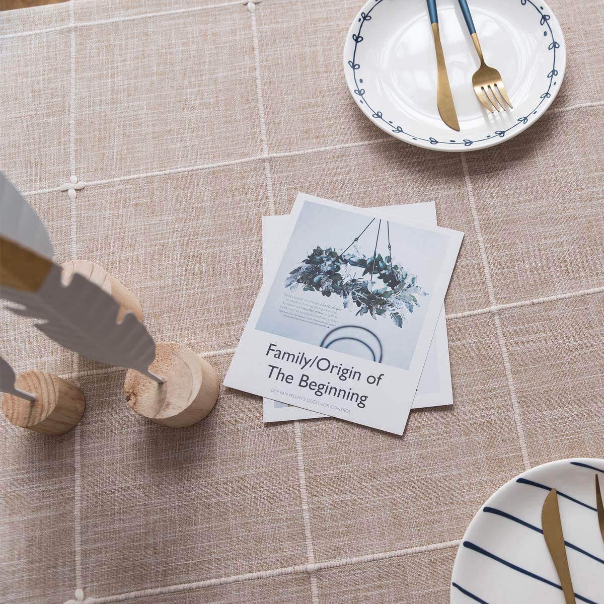 Heavy Duty Cotton Linen Tablecloth for Rectangular Tables Solid Embroidery Lattice Table Cloth for Kitchen Dinning Tabletop Deco