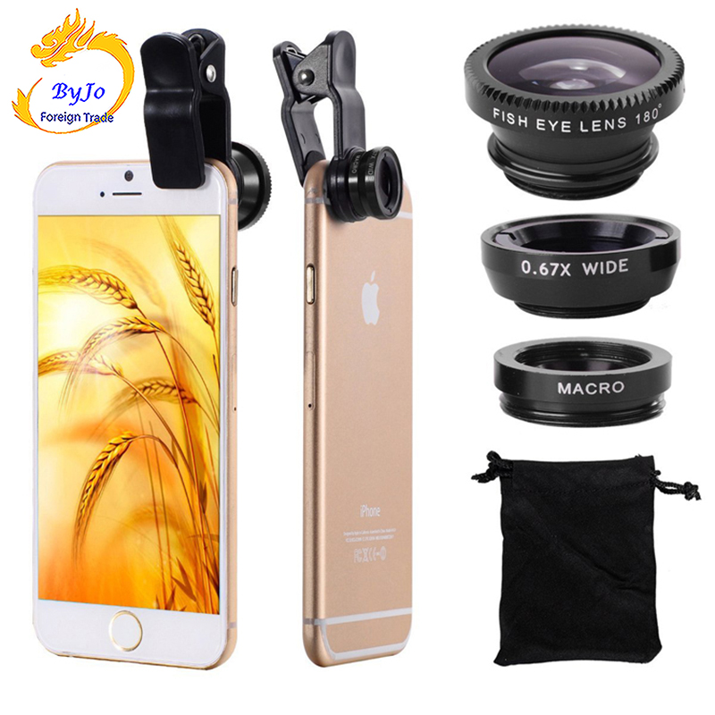 3 in 1 mobile phone lenses fish eye +wide angle +macro camera lens for iphone 7 6s plus 5s/5 xiaomi huawei samsung