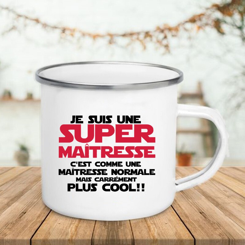 Taza de esmalte con estampado francés, tazas creativas de café, té, bebidas, postre, desayuno, leche, ASA, vasos, los mejores para profesores: XH3771-A015WH-8