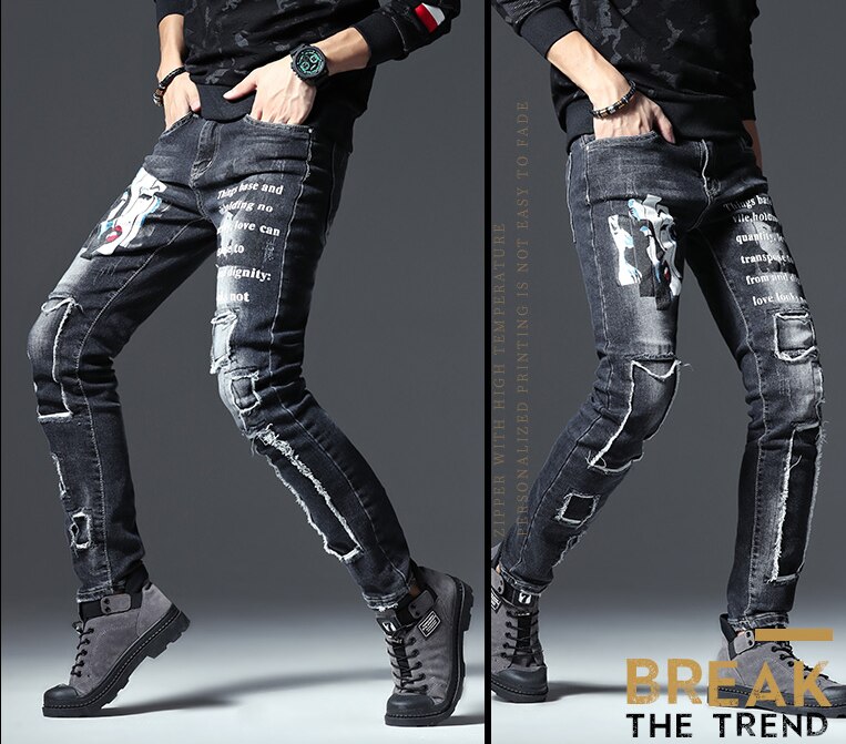 Print huller skønhed mænd slank lige sort stretch bomuld denim rippet patch malet tiggere jeans vintage bukser