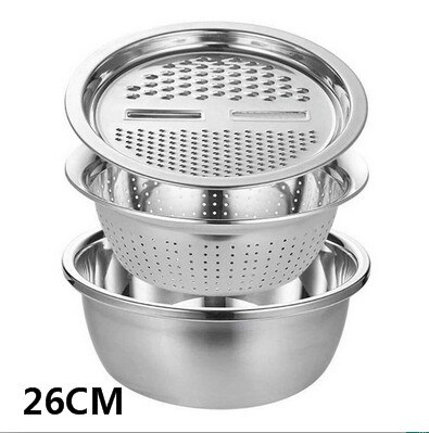 Neue 3 stücke Edelstahl Topf Gemüse Cutter Schneidemaschine Ablauf Korb Sieb Siebe Küche Reibe Sieb Reis Waschen Filter: 26CM
