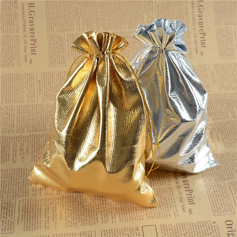 10 stks 9 Maten (5*7-20*30 cm) Bags Goud Zilver Kleur Drawable Organza Pouch Kerst Huwelijkscadeau Sieraden Craft Snoep Zakken