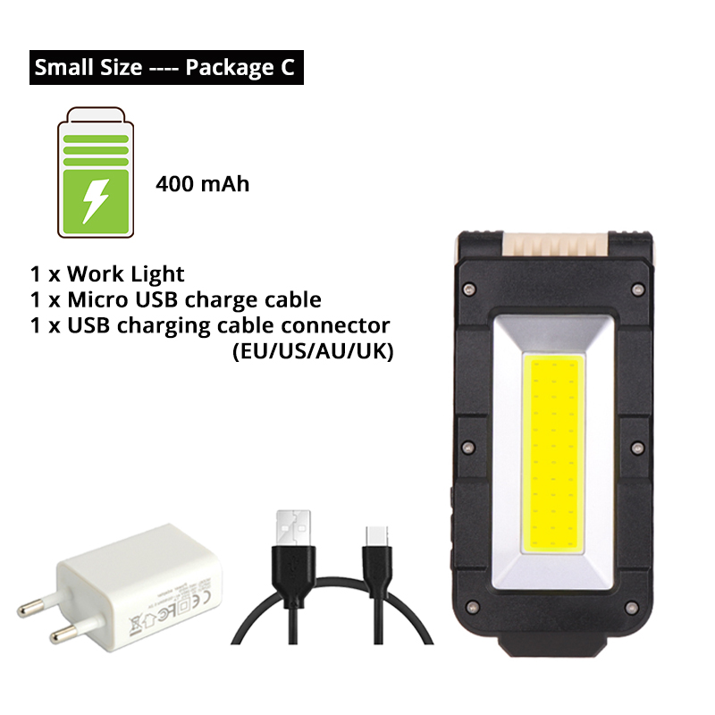 Luz de trabajo COB recargable USB linterna LED portátil Ajuste de 180 grados inferior con magnético adecuado para acampar: Small size-Package C