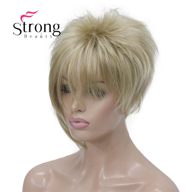 StrongBeauty Asymmetrische Side Bangs Blond Korte Rechte Synthetisch Haar Pruik KLEUR KEUZES