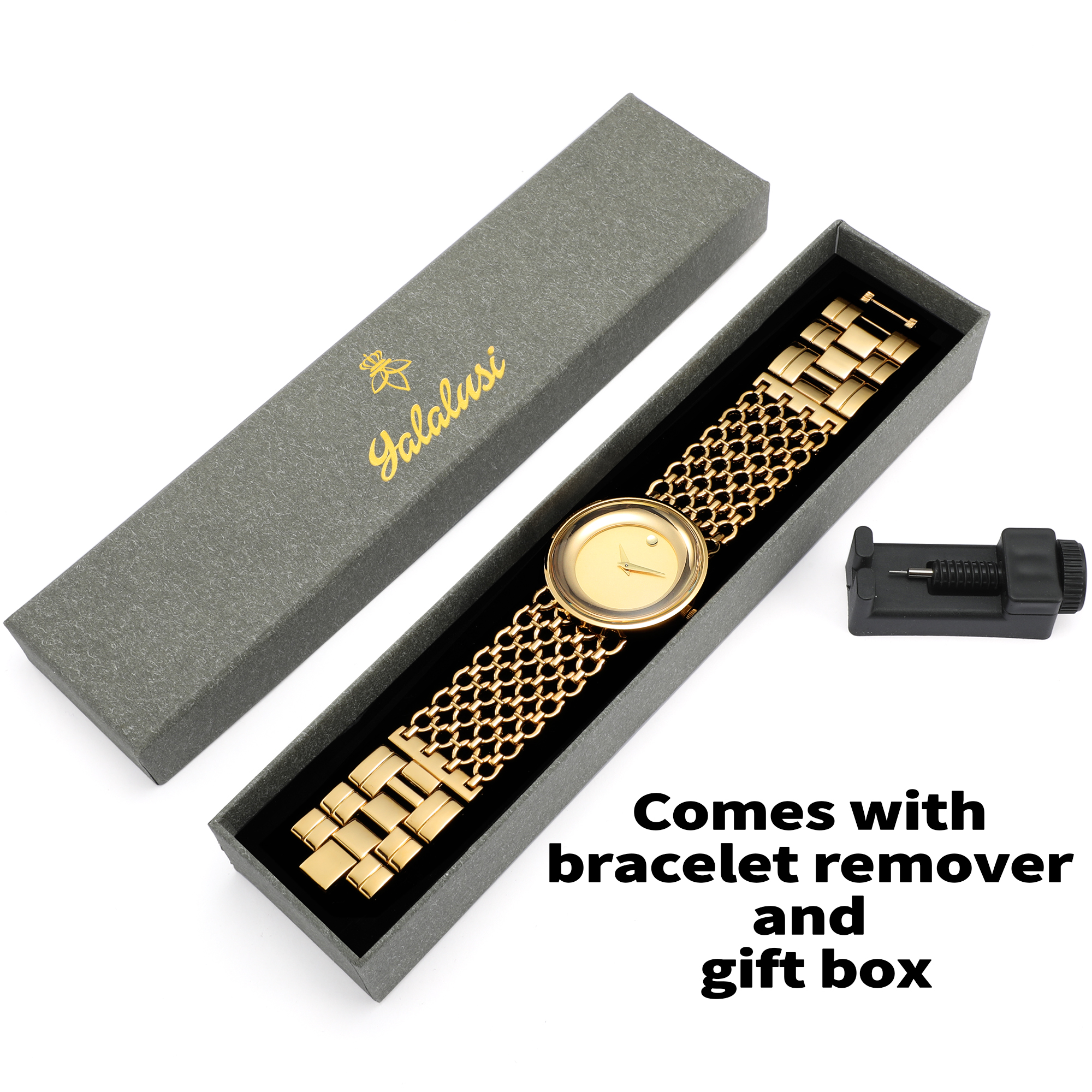 YaLaLuSi Brand Women's Watches Gold Case Black Face Simple Style Boxed Watch Remover Ion Gold Plated