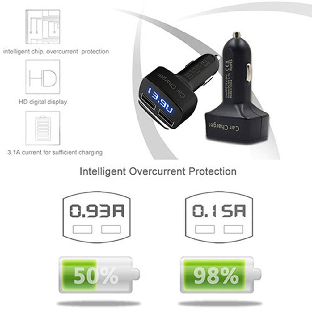 4 in 1 Car Charger Dual USB DC 5V 3.1A Universal Adapter with Voltage/temperature/current Meter Tester Digital LED Display