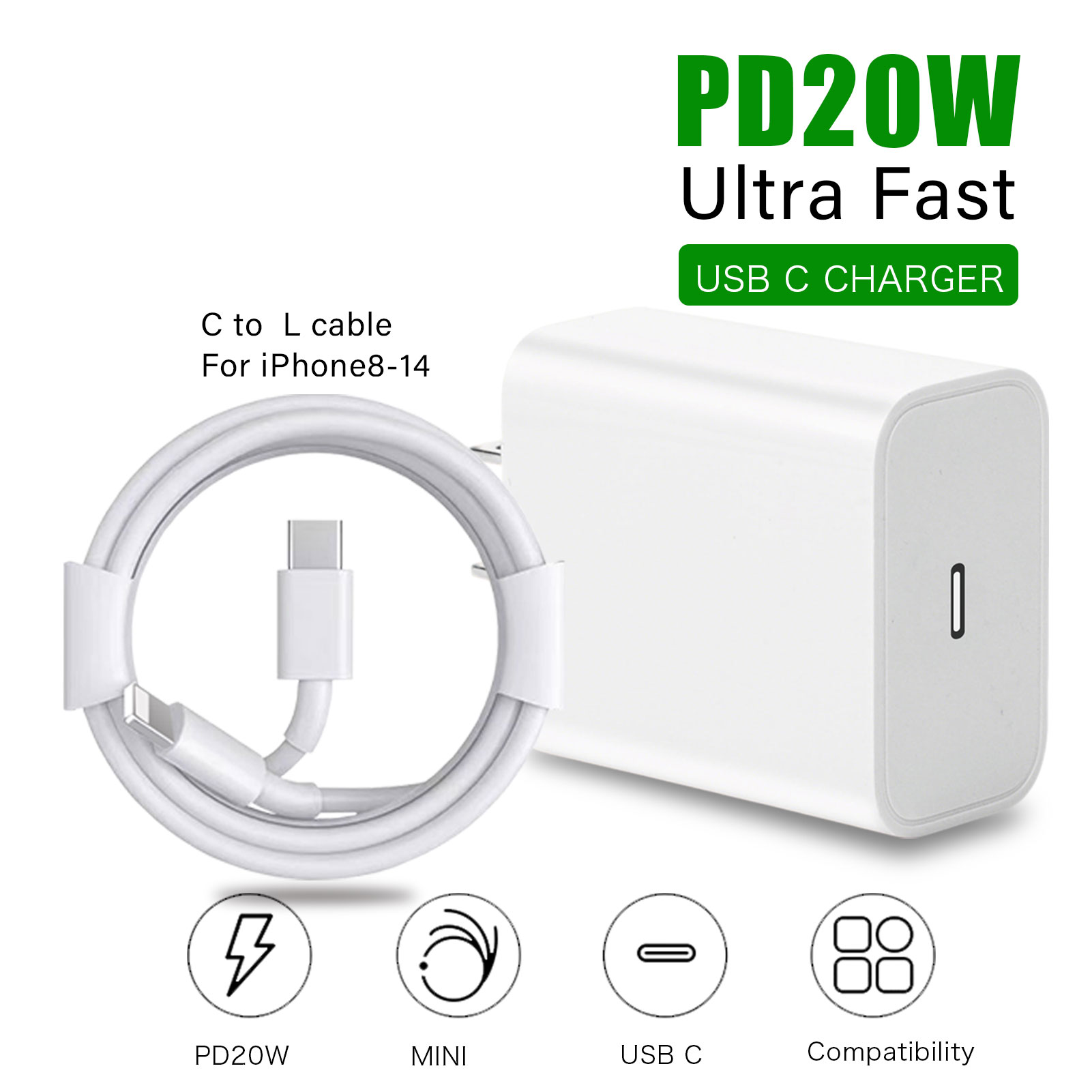 USB C Oplader Blok voor iPhone 16 Chargy Plug PD 20W muurlader met kabel Snelle oplader Data Sync voor iPhone16 15 14 13 12 11 Pro Max Mini Xs iPad Air Type C Power dapte: Kr