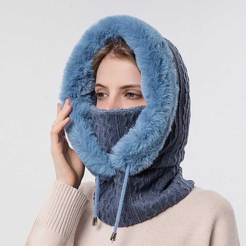 Talviturkis lippis maski setti hupullinen naisille neulottu kashmir kaula lämmin balaclava suksi tuulenpitävä hattu paksu pehmoinen pörröinen pipot huppu: Laivasto