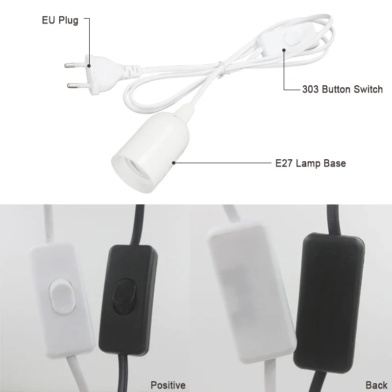 Portalámparas E27, luz colgante, cable de alimentación de 1,8 m, adaptador de enchufe UE/EE. UU. con cable de interruptor, utilizado para fijar enchufes, blanco, negro