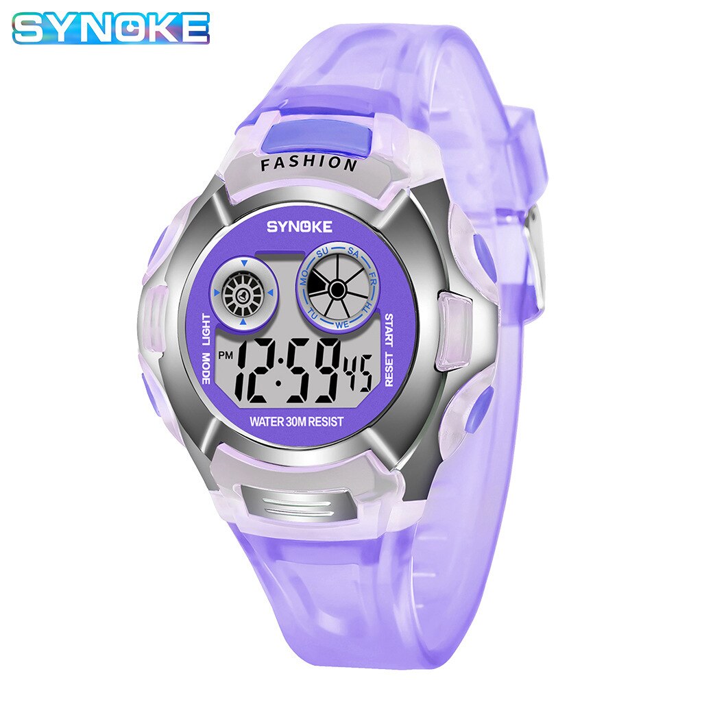 Synoke Transparante Kleur Mode Elektronische Horloge Alarm Zeven Kleuren Noctilucent Multifunctionele Sport Jongens En Meisjes Primaire Sc: 9034 purple