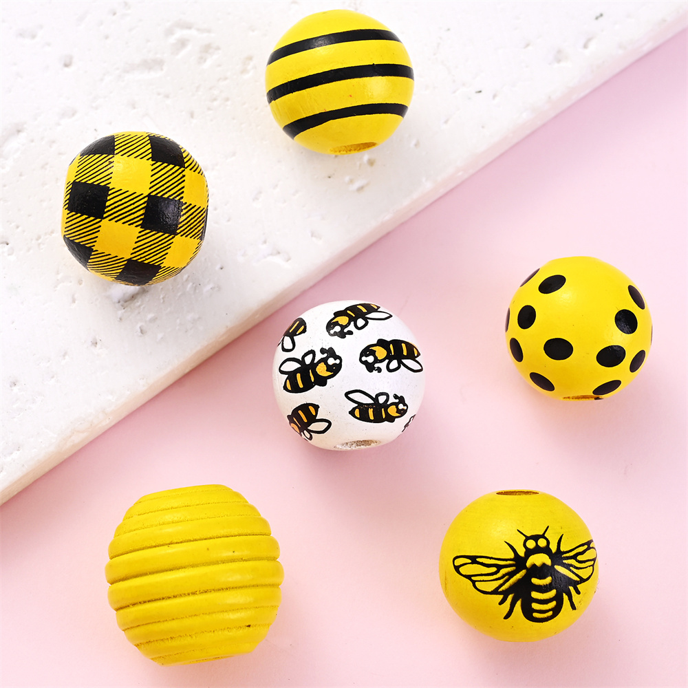 Ensemble de perles décoratives peintes en jaune, jolies perles en bois, perles d'espacement rondes, guirxiété de bricolage, décor de fête exécutif, 10 pièces