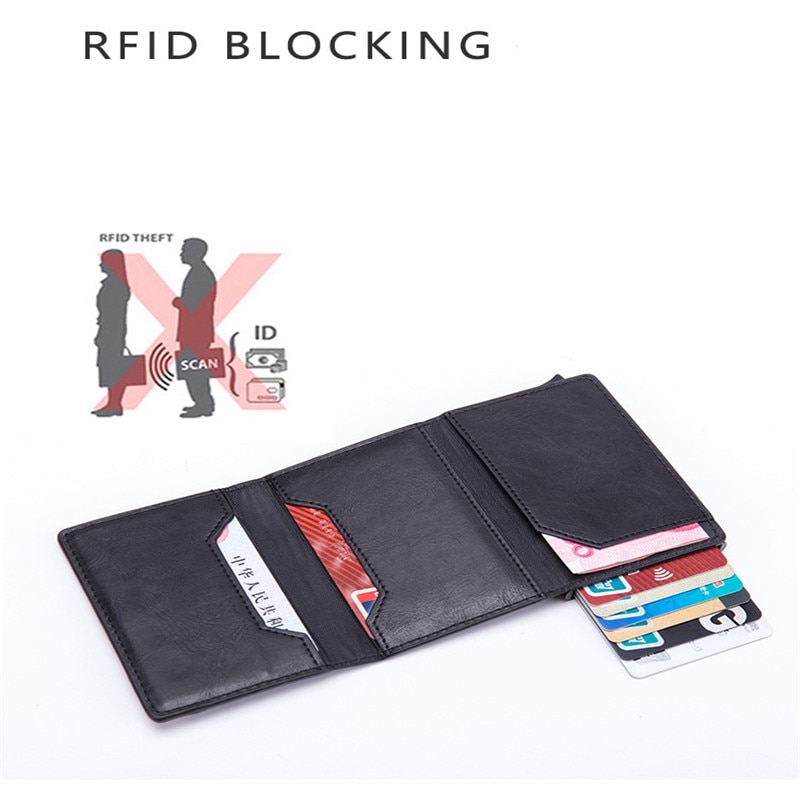 Cartera de cuero Pop Up funda de tarjeta imán de fibra de carbono monedero caja de aluminio Tarjeta de la cartera RFID hombres cartera titular de la tarjeta