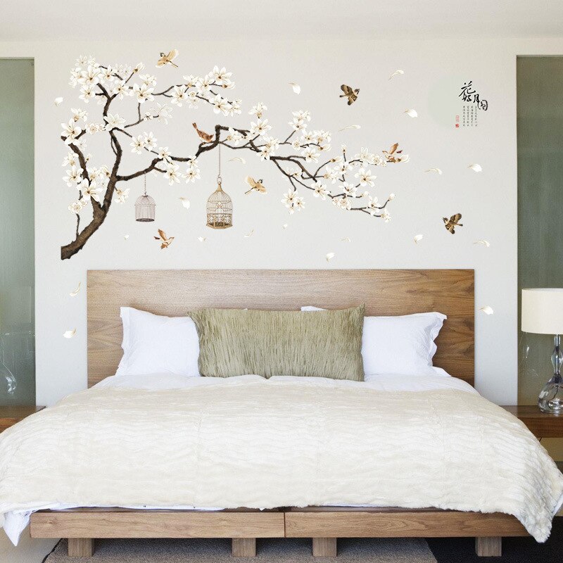 Pegatinas de pared de estilo chino para niños, papel tapiz de árbol con autosellado de flores y pájaros, vinilo decorativo para pared de dormitorio, 187X128cm