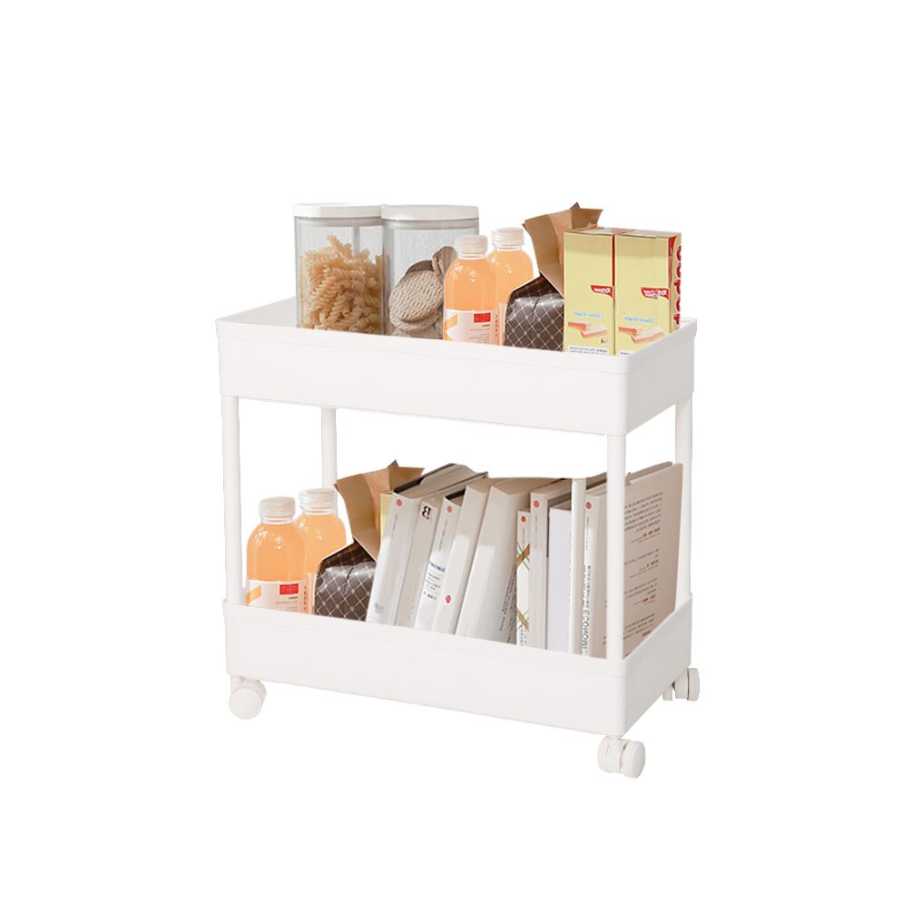 BAOYOUNI 2 Tier Plastic Slim Trolley Movable Storage Cart Pull Out Trolley Shelf with Wheels for Kitchen Bathroom White