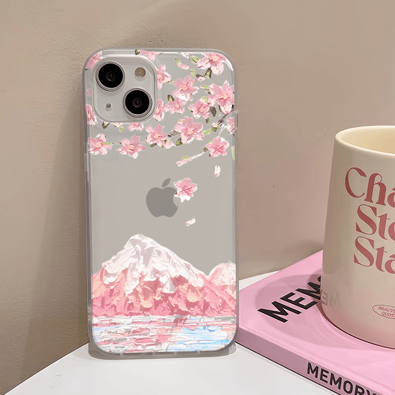 Mobilskal med japansk körsbärsblomma och berget fuji till 11 16 15 14 13 12 pro max xs  xr 7 8 plus  se2020 mjukt tpu-skal