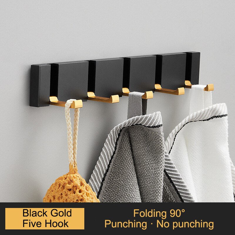 Porte-serviettes pliant Non marquant, sans poinçon, crochets muraux, porte-vêtements, pour salle de bains, cuisine, chambre à coucher, couloir: Black Gold 5 Hook 90