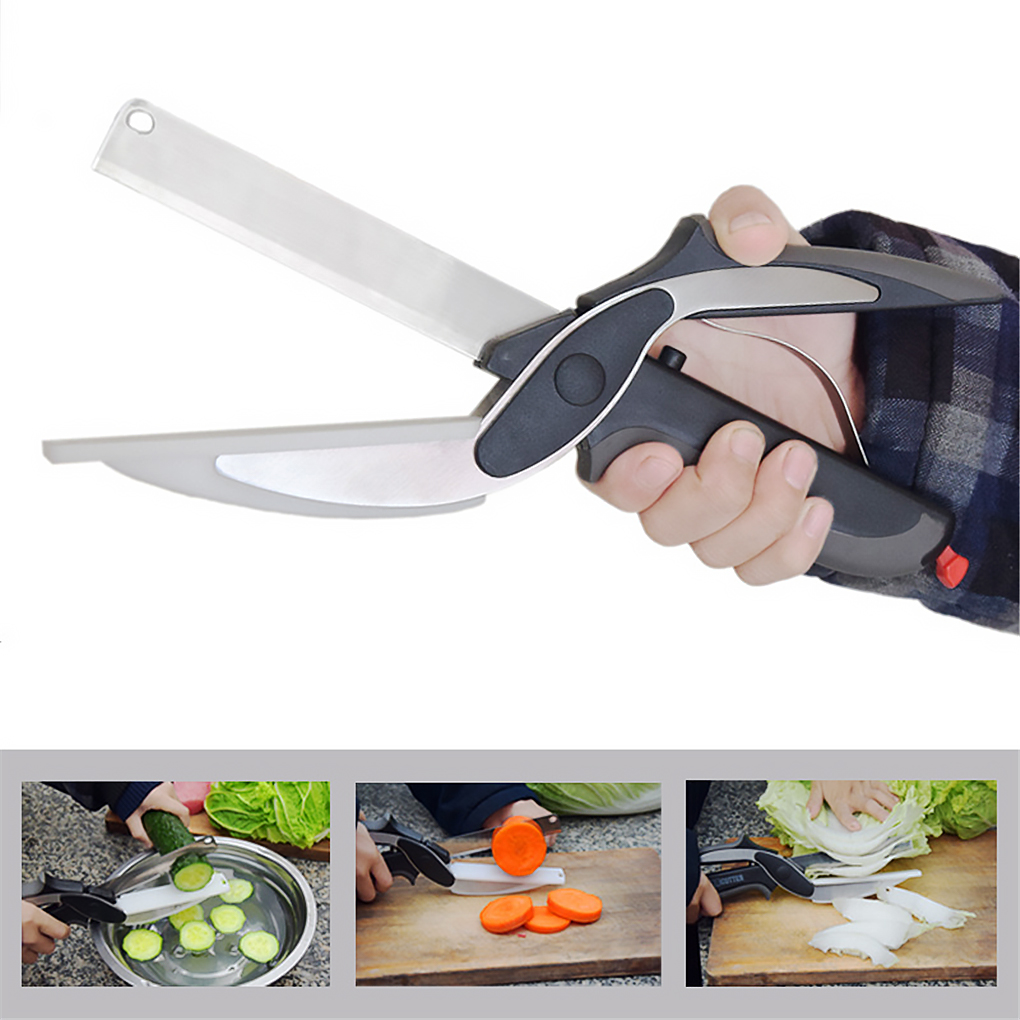 Stainless Steel Kitchen Scissors 2 in 1 Board Chopper Clever Fruit Vegetable Multifunctional