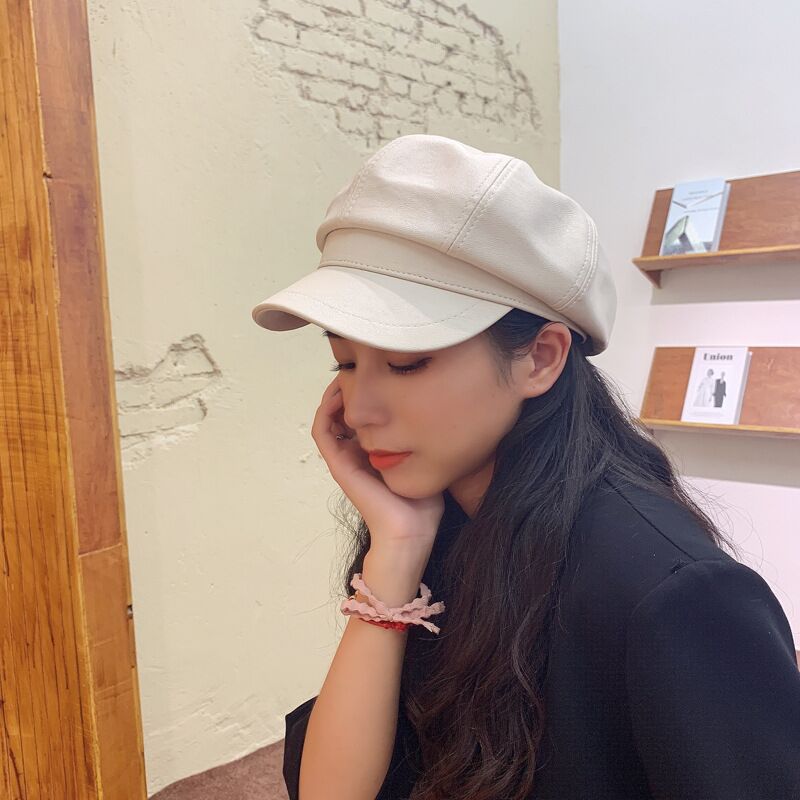 Solide PU cuir octogonal chapeaux pour femmes automne hiver angleterre rétro gavroche casquettes femme peintre casquettes décontracté visières chapeau: beige