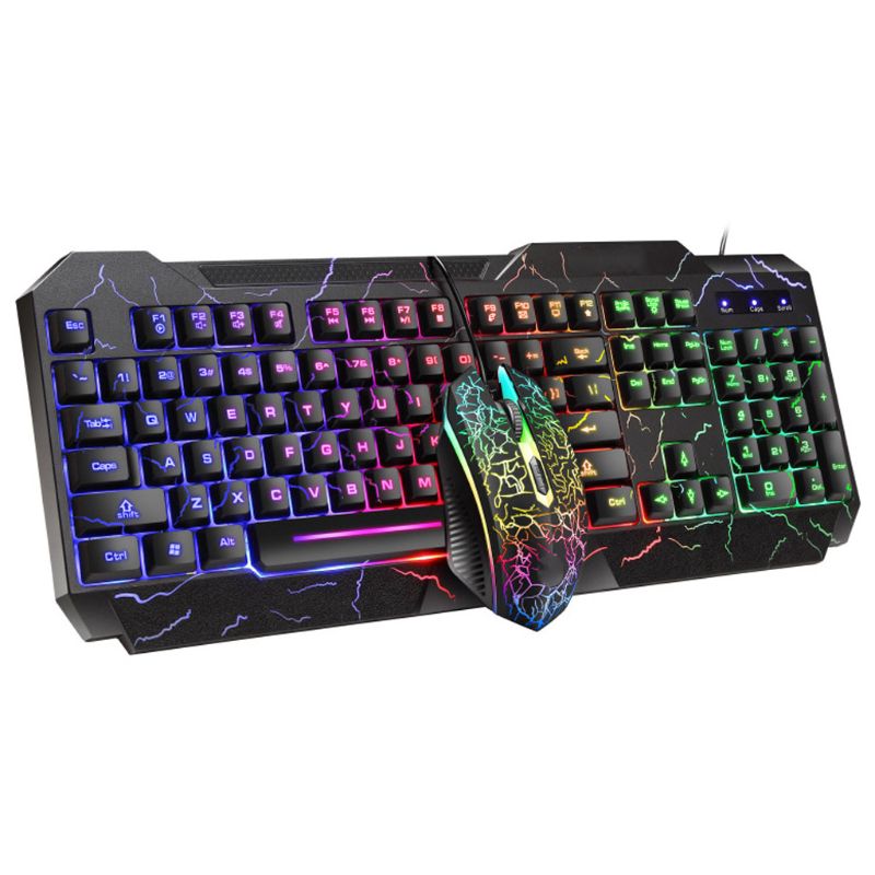 Wired Gaming Keyboard Mouse Combo Set Colorful LED Backlit Crack Appearance Computer Laptop Luminous Keyboad Mouse