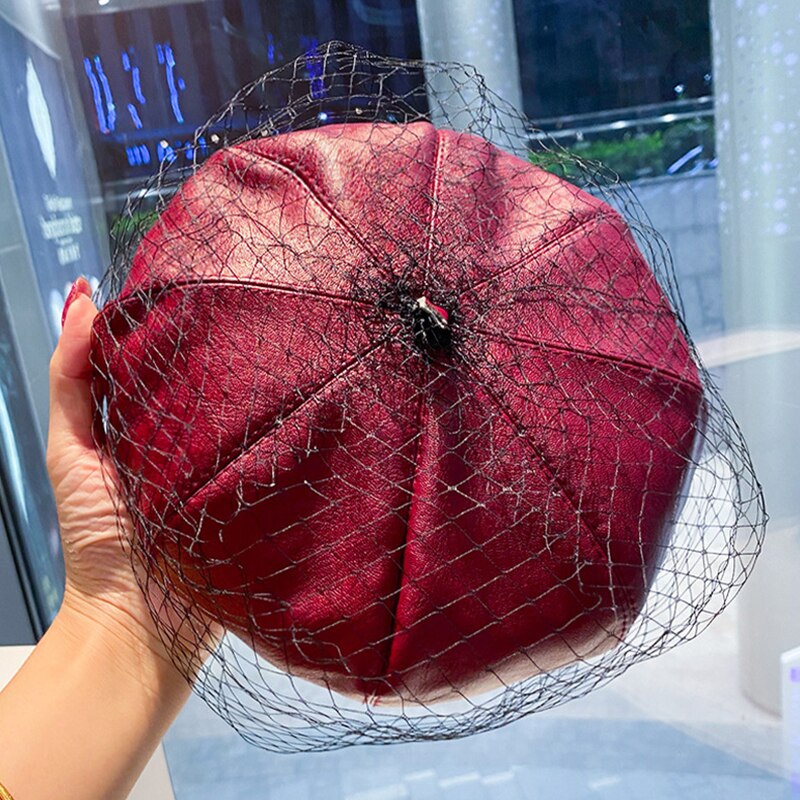 Chapéu de boina preto fascinante chique couro francês boina com véu malha mostrar dupla camada feminino beanies boné de moda para mulher: 3