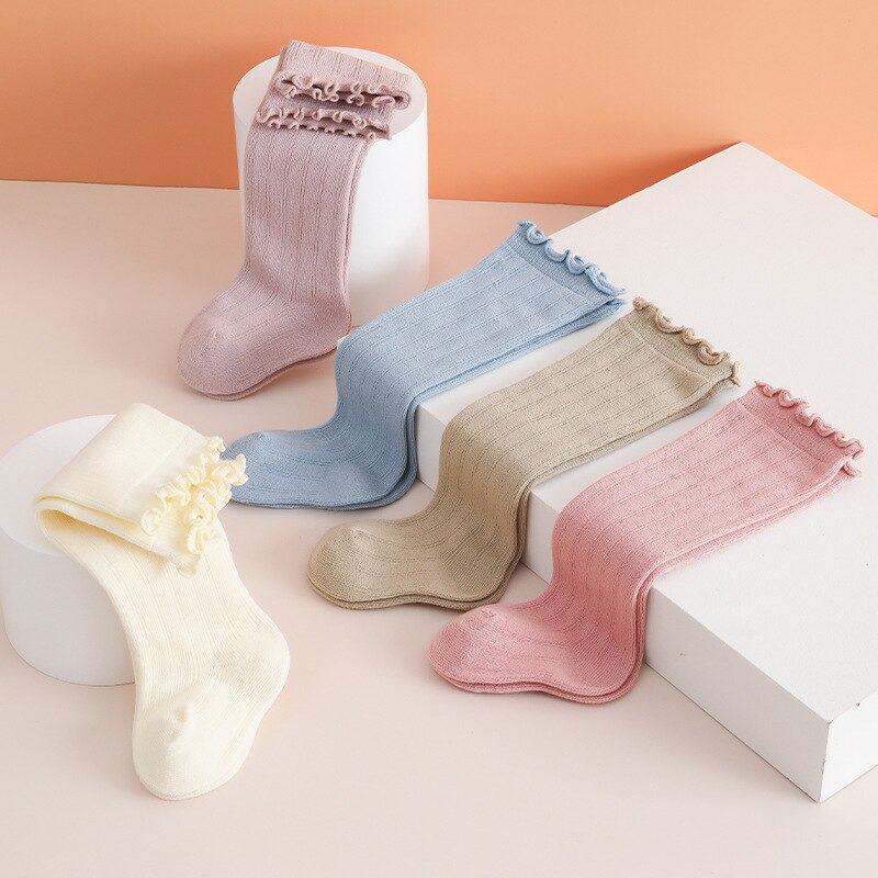 Leuke Streep Effen Kleur Over De Knie Baby Meisjes Kousen Sokken Baby Katoenen Zachte Warme Casual Kinderen Sokken meisje