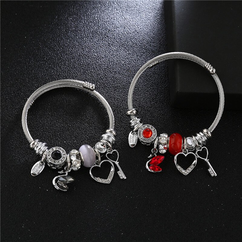 Crystal Swan Stainless Steel Bangles For Women Jewelry DIY Rhinestone Hollow Key Heart Love Cuff Bracelet Bangle