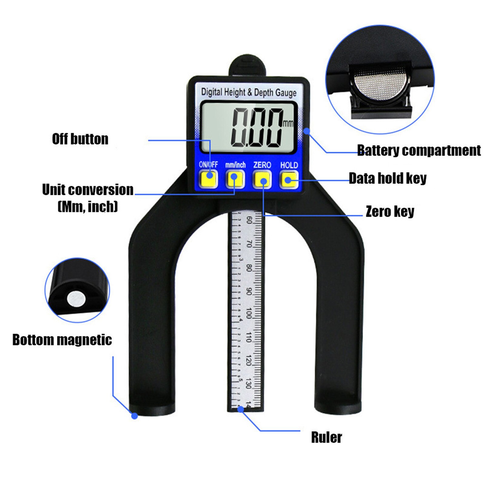 4# Lcd Digital Display Slide Caliper Vernier Ruler Height And Depth Gauge With Measuring Range Of 0-85mm Bottom With Magnets