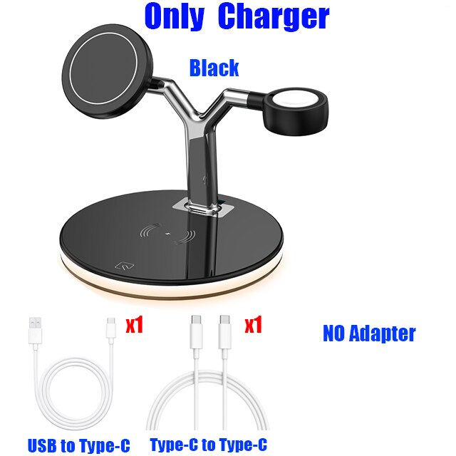 3-in-1 Magnetic Wireless Charger - 15W Fast Charging Station for iPhone 12 Series, Apple Watch & AirPods Pro: Only Charger Black