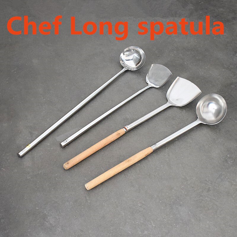 Extra long stainless steel wooden handle spatula Soup spoon cooking canteen kitchen China wok chef soup factory spatula Turner