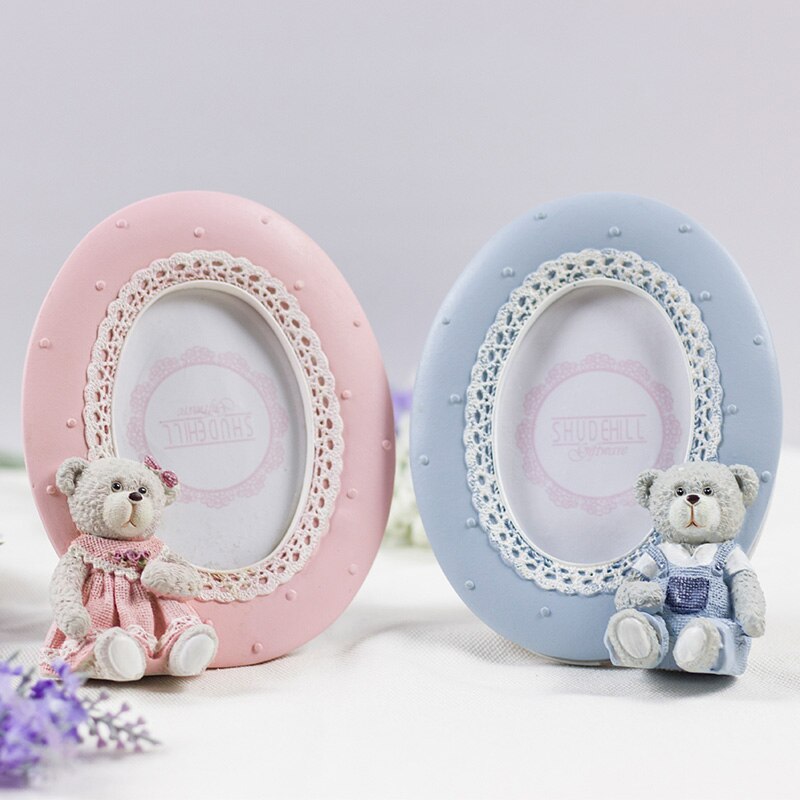 European Cute Teddy Tear With Lace Border Oval Square Shape 2x2 2.5x3.5 Pink Blue Resin Tabletop Baby Picture Photo Frame