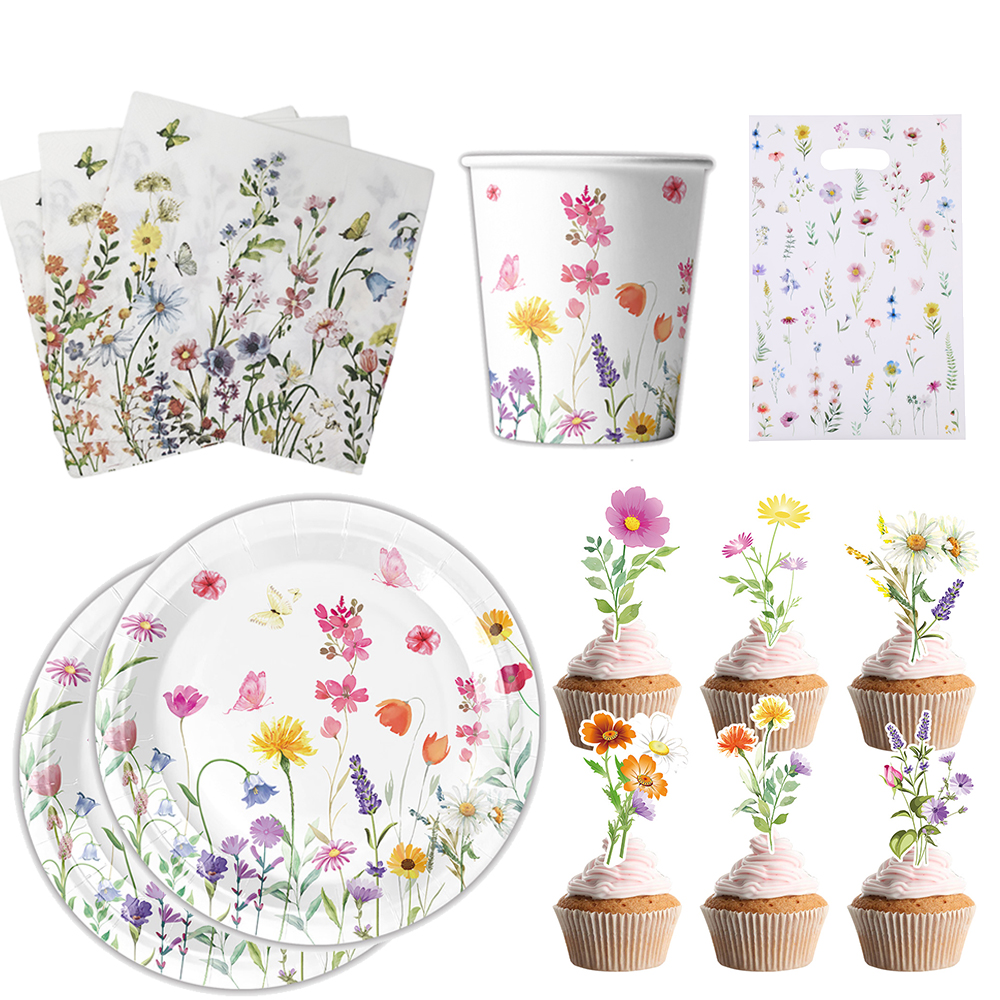 Suministros para de flores silvestres, platos de papel, vasos, servilletas desechables, decoración Floral de primavera para Baby Shower, cumpleaños, de boda de primavera