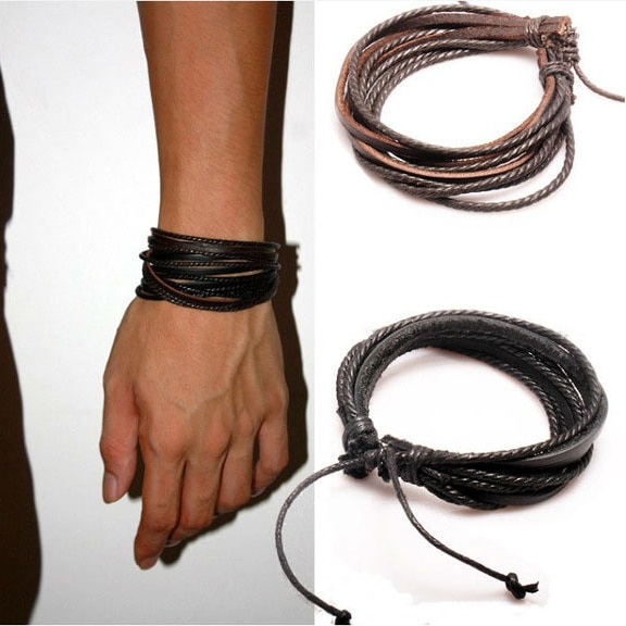 1 unidad de pulsera de cuero tejida monocromática, pulseras de cuerda de cuero pintadas a mano, pulsera de hombre y mujer con cuerda trenzada PK043