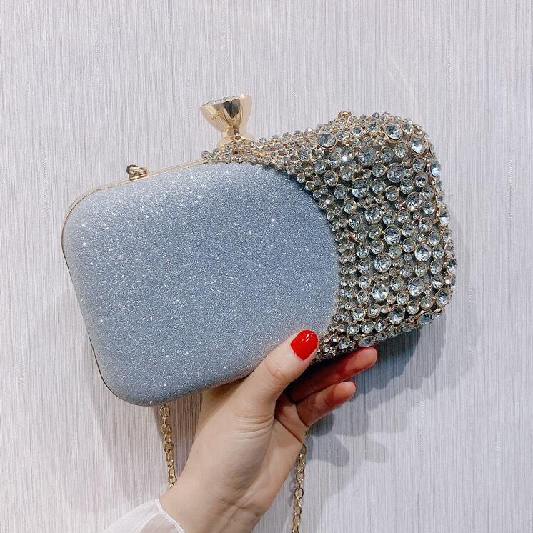 Women Diamond Evening Clutch Bags Bling Patchwork Banquet Wallets Wedding Dinner Bags MN: Silver