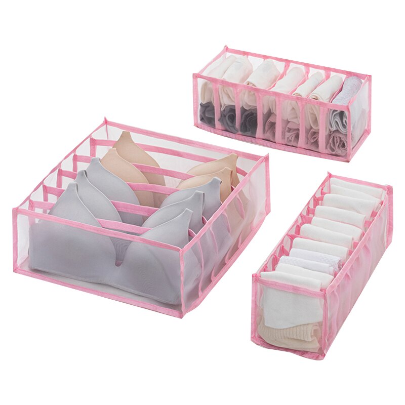 Opvouwbare Ondergoed Opbergdoos Met 6/7/11 Compartimenten Nylon Divider Doos Sokken Bra Underpants Garderobe Drawer Closet Organizer #: pink 3pcs