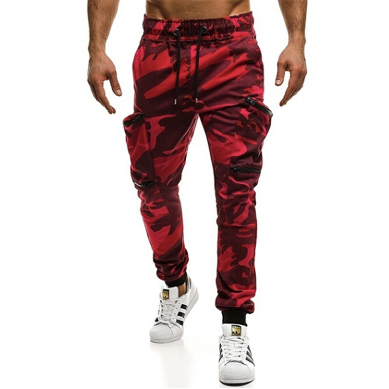 European And American Fitness Sportswear Pant Pocket Stitching Casual Harem Pants Camouflage Pleated Trousers: L / red