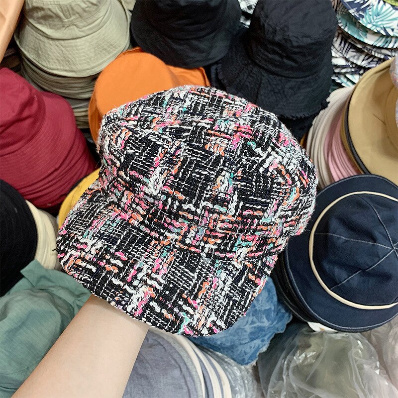202007-CY036 automne goutte d'eau strass chaîne mélange Plaid loisirs octogonal chapeau hommes femmes visières casquette: Black