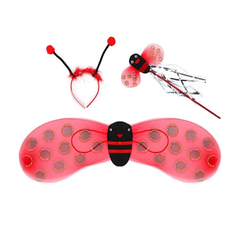 4 stk/sæt kid fairy kostume sæt mariehøne bi glitter sød vingestribet lagdelt tutu nederdel tryllestav pandebånd dress up halloween outfit