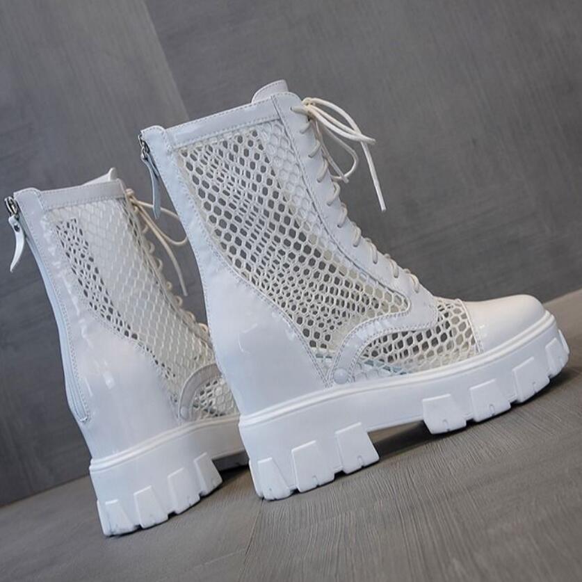 Mid kalv plattform sandaler stövlar kvinna sommar martin boots ihåliga mesh kilar kvinnors vårskor ökad klack svart vit
