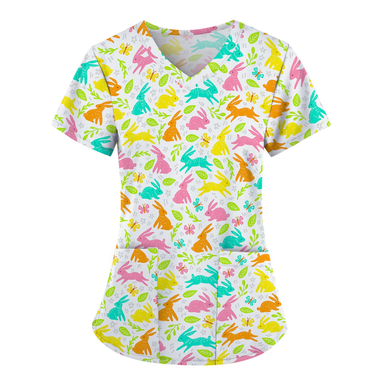 Pasen Print Vrouwen Verpleging Werk Uniform Cartoon Plus Size S-3XL Korte Mouwen V-hals Shirts Verpleegkundige Scrubs Tops Gorro Enfermera A50