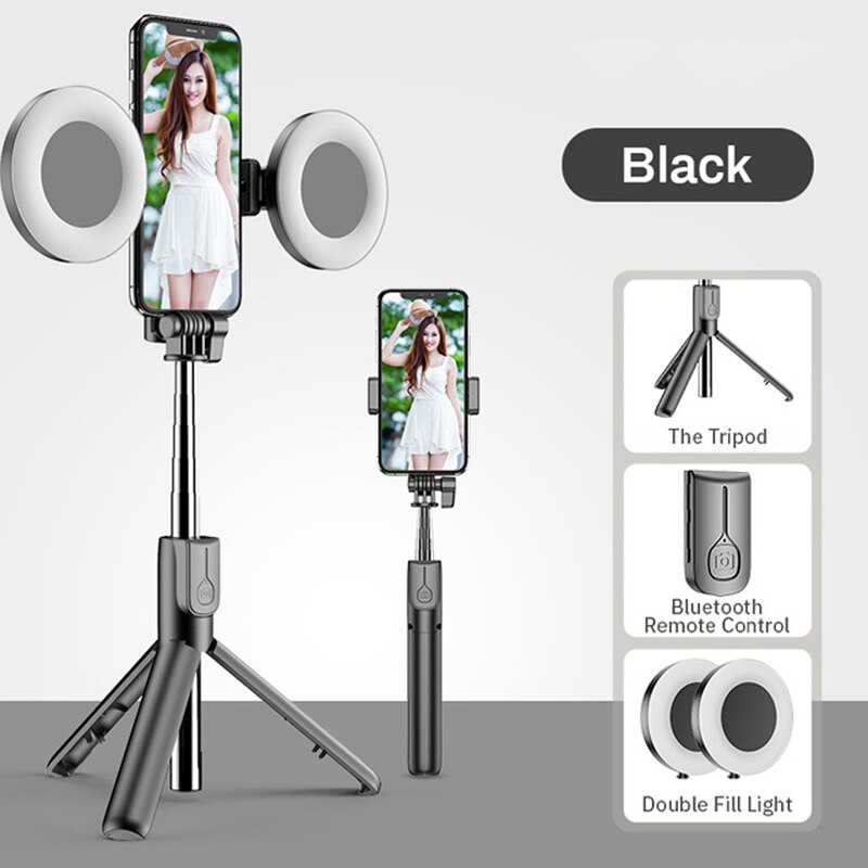 Wireless bluetooth Selfie Stick LED Ring light For iPhone X 8 Android smartphones expandable handheld monopod real-time Tripod: Black with light