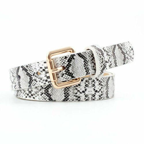 Cinturones con estampado de piel de serpiente para mujer, Cinturón de piel sintética con hebilla cuadrada dorada: Blanco