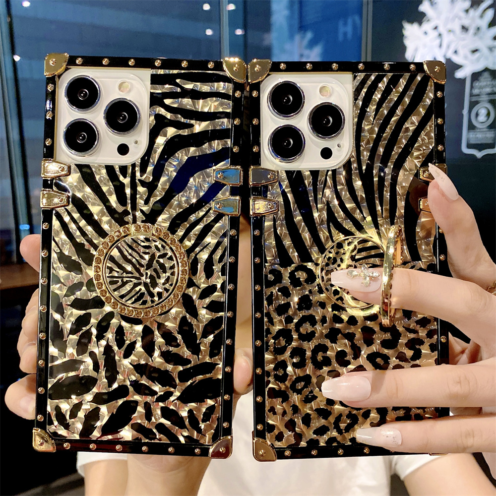 Funda chapada en oro de leopardo de lujo para iPhone 16 15 Pro Max 14 13 12 11 XR X 8 7 Plus cubierta con soporte de anillo de diamante brillante Funda 16