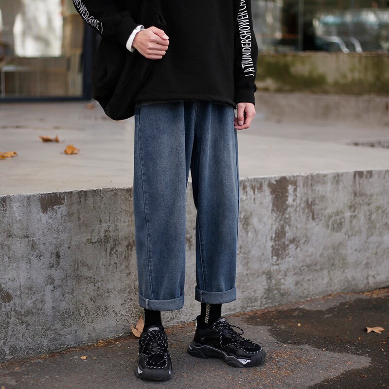 Breda ben jeans herr retro enfärgad casual raka jeans byxor herr streetwear hip hop jeansbyxor herr byxor m -3xl: Blå / M